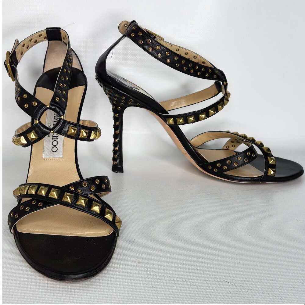 JIMMY CHOO vintage 38.5 black Leather gold Stud Stiletto strap Sandals Authentic - Picture 5 of 6